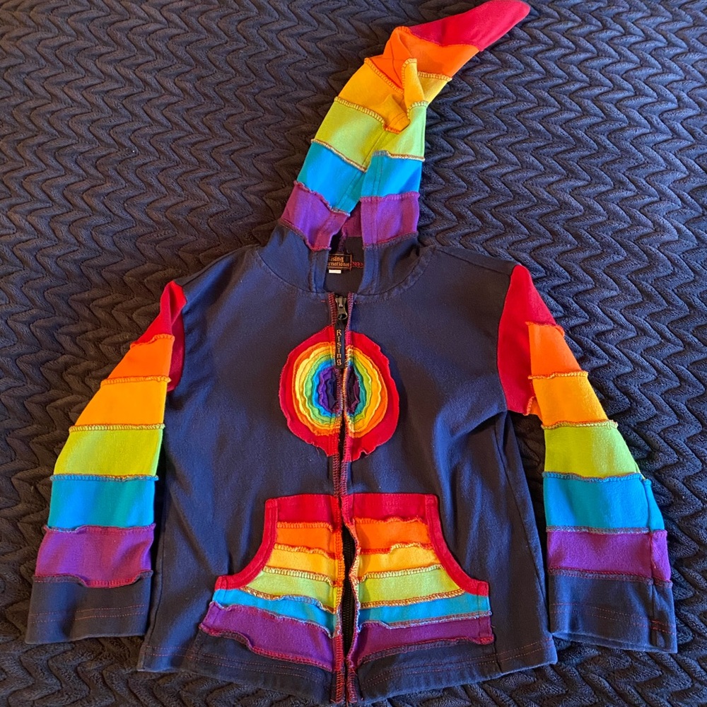 Rainbow Patchwork Zipper Hoodie with Long Hood